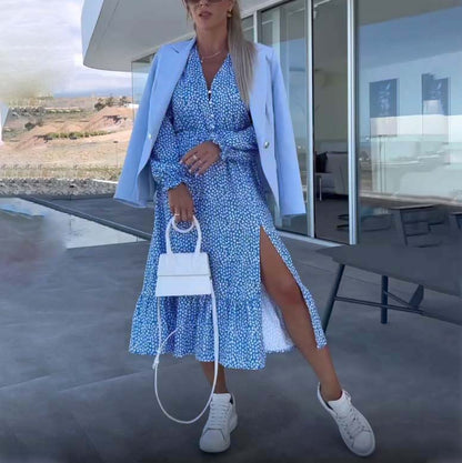 Women’s Blue Printed V-neck Long-sleeve Dress